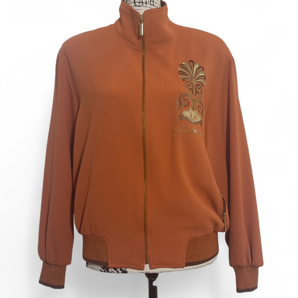Petillante Rust Orange Zip-Up Jacket with‎ Embroidery